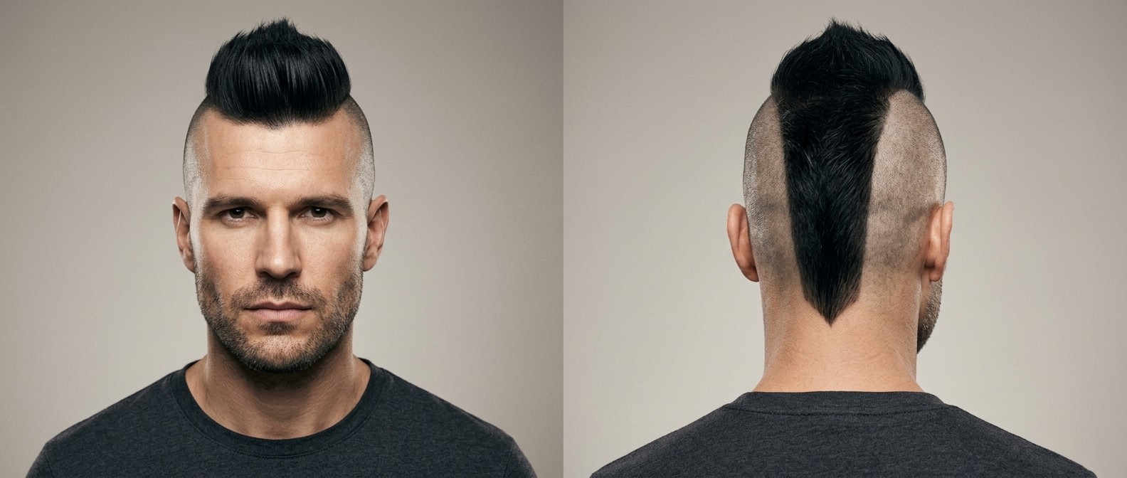Vista frontal y trasera de un mohawk mate de gran volumen con laterales rapados, franja central gruesa y nuca en forma de V.