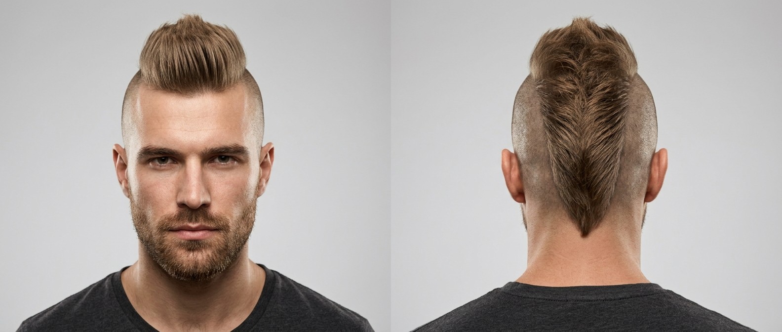 Vorder- und Rückansicht eines Mannes mit einem High-Contrast Skin-Fade Mohawk, texturiertem Deckhaar und V-förmigem Nacken.