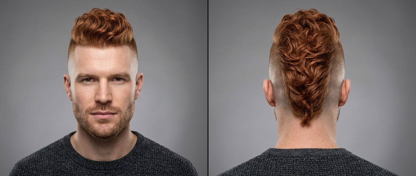 Front and back view of a man with a wavy copper red mohawk, featuring skin-shaved sides and a highly textured, voluminous top strip.