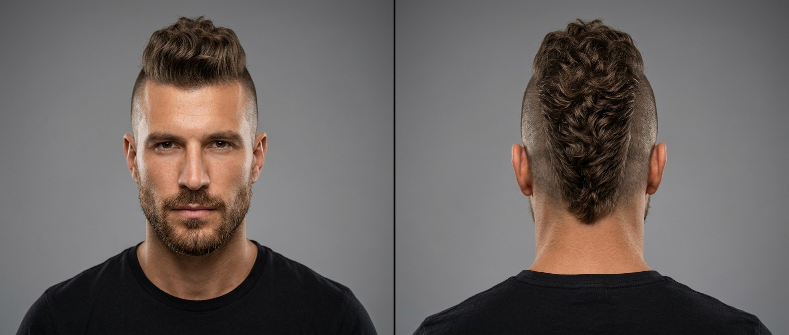 Front and back view of a man with a bold wavy disconnected Mohawk, featuring skin-shaved sides and a long, textured V-shaped strip down the center.