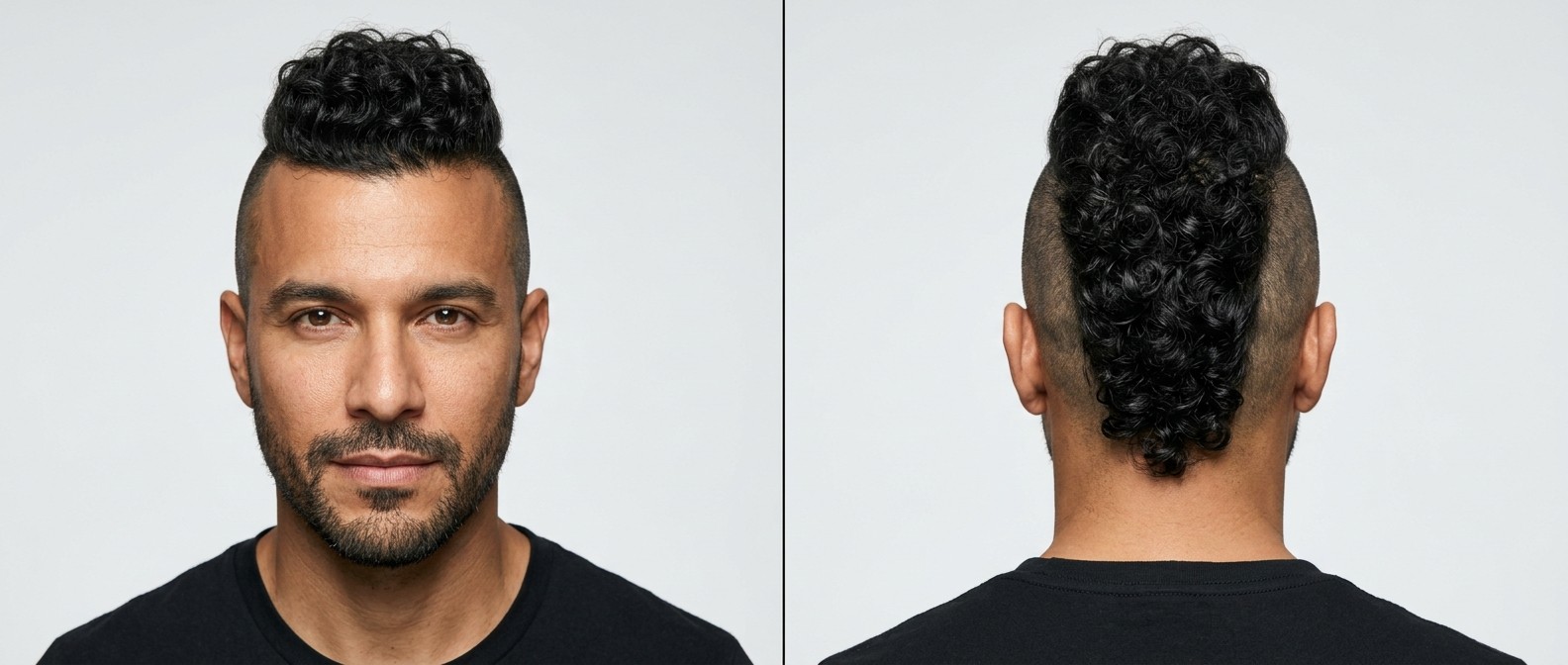 Widok z przodu i z tyłu na pewnego siebie mężczyznę z odważnym irokezem z kręconych włosów i wygolonymi bokami.
