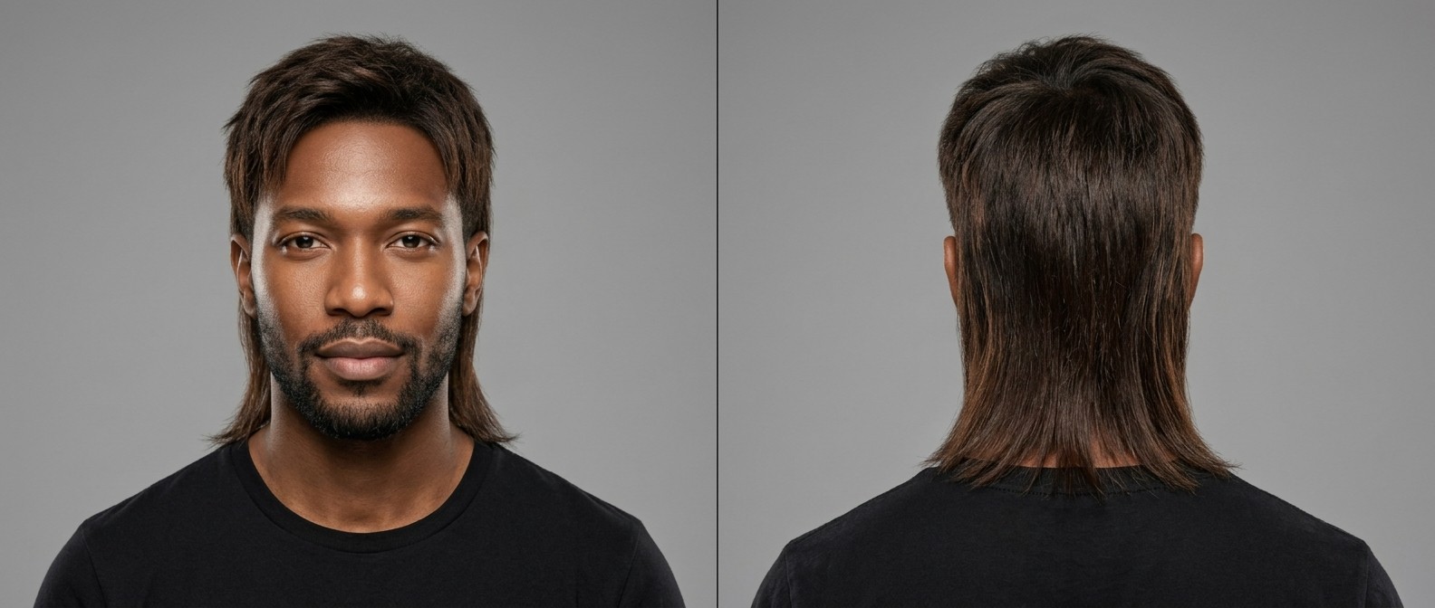 Mężczyzna z krótkim zarostem prezentujący nowoczesny mullet z teksturowaną górą i długimi włosami na karku.