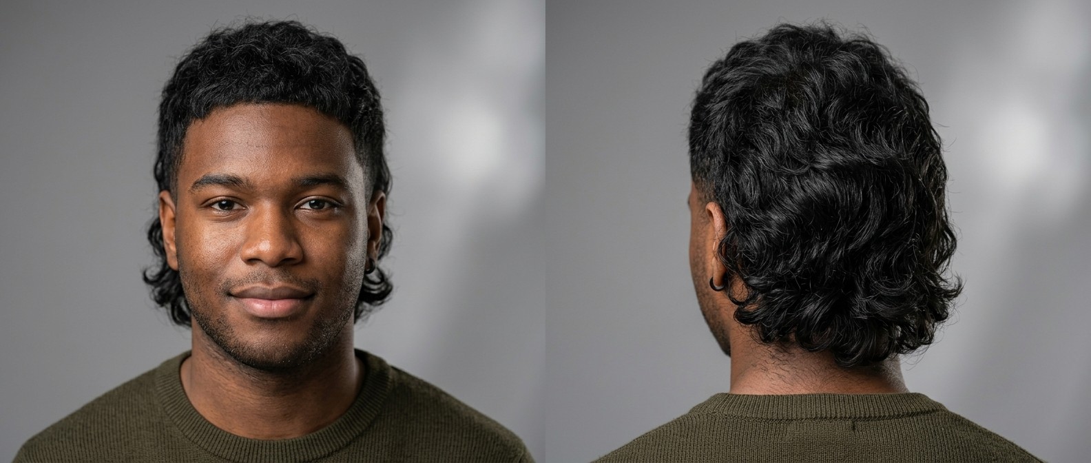 Jeune homme noir avec un modern wavy mullet, côtés dégradés, frange texturée et nuque longue et volumineuse.