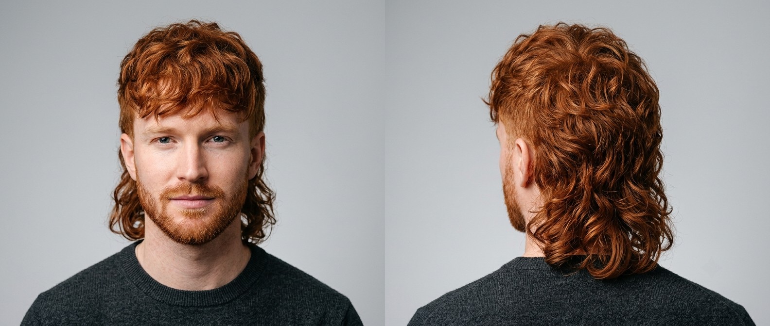 Front and back view of a young man with light skin, a short beard, and a thick wavy red mullet hairstyle wearing a dark grey sweater.