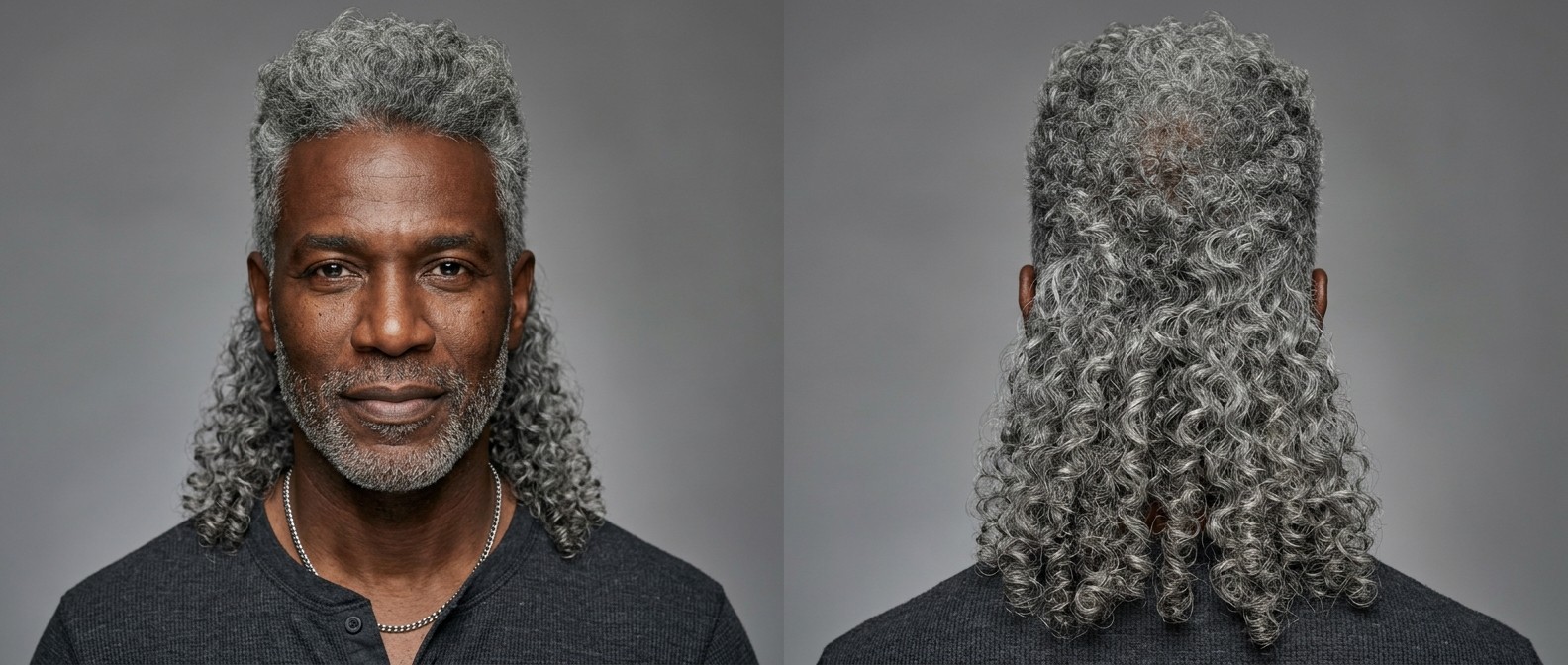 Widok z przodu i z tyłu na starszego mężczyznę z siwym curly mulletem, krótkimi bokami i kaskadą loków z tyłu.
