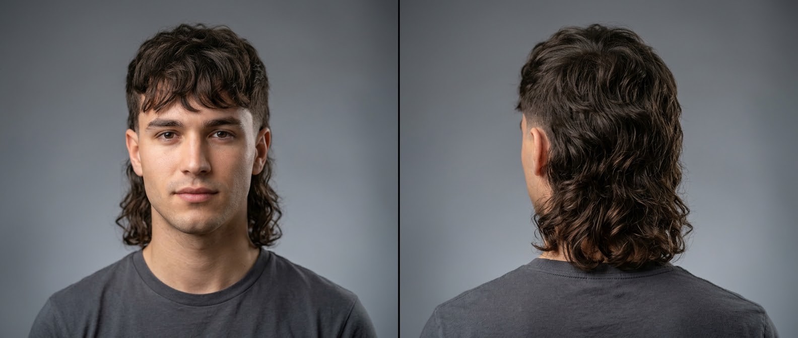 Homem jovem usando corte mullet moderno ondulado, com laterais em taper, franja texturizada e ondas longas na nuca.