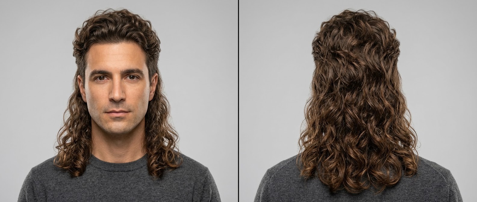 Vista frontal e traseira de um homem de 40 anos com corte mullet moderno ondulado, topo curto penteado para trás e ondas longas em cascata.