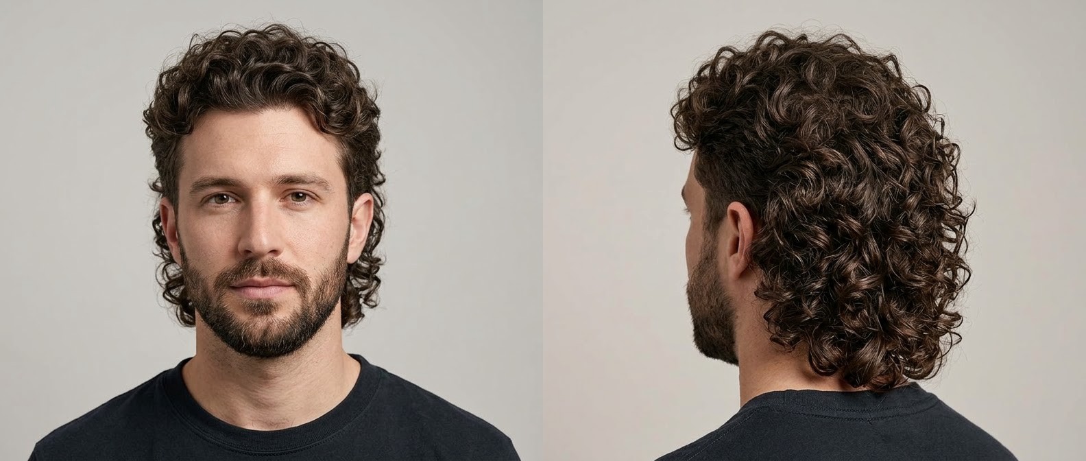 Mężczyzna z zarostem w fryzurze modern curly mullet z cieniowanymi bokami i dłuższym teksturowanym tyłem.