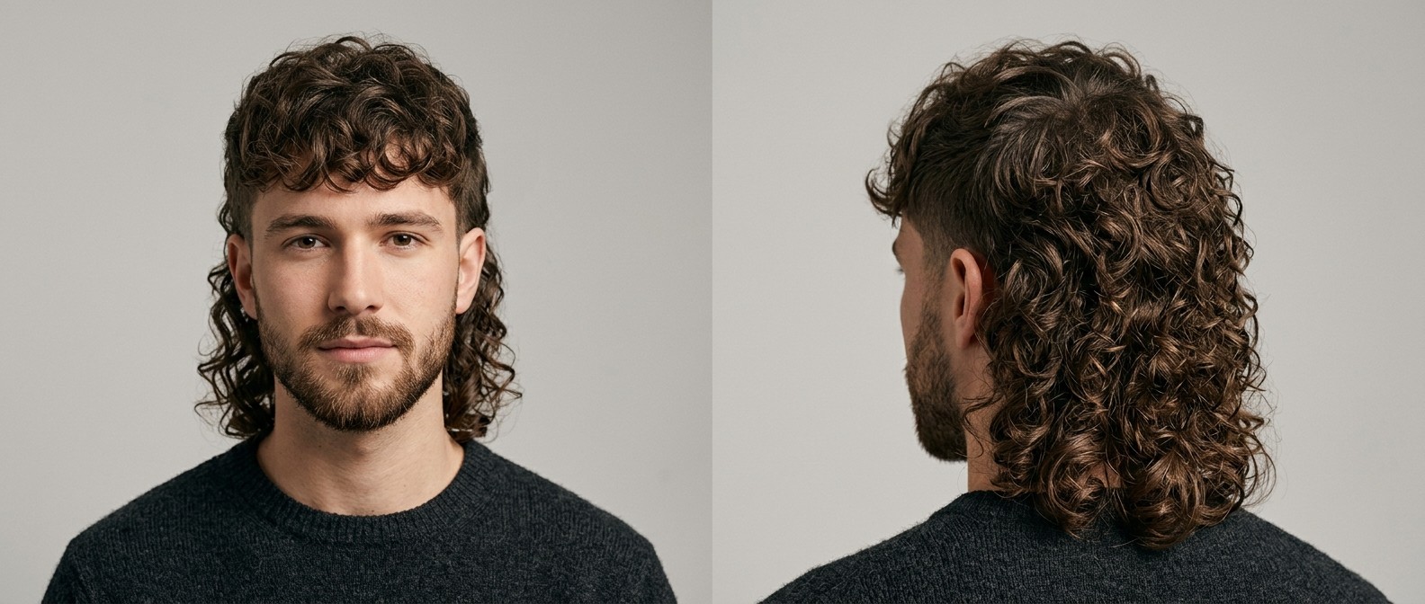 Młody mężczyzna z brodą w nowoczesnej fryzurze curly mullet z krótką grzywką i długimi lokami.