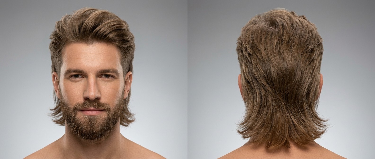 Widok z przodu i z tyłu na mężczyznę z gęstą brodą i nowoczesną fryzurą mullet o dużej objętości.