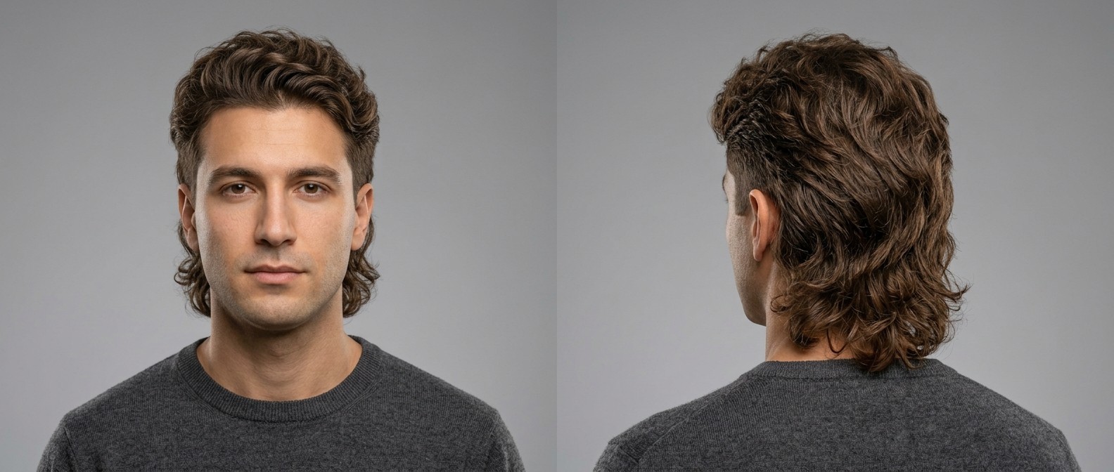 Widok z przodu i z tyłu na młodego mężczyznę z nowoczesnym falowanym mulletem, brązowe włosy zaczesane do tyłu, cieniowane boki.