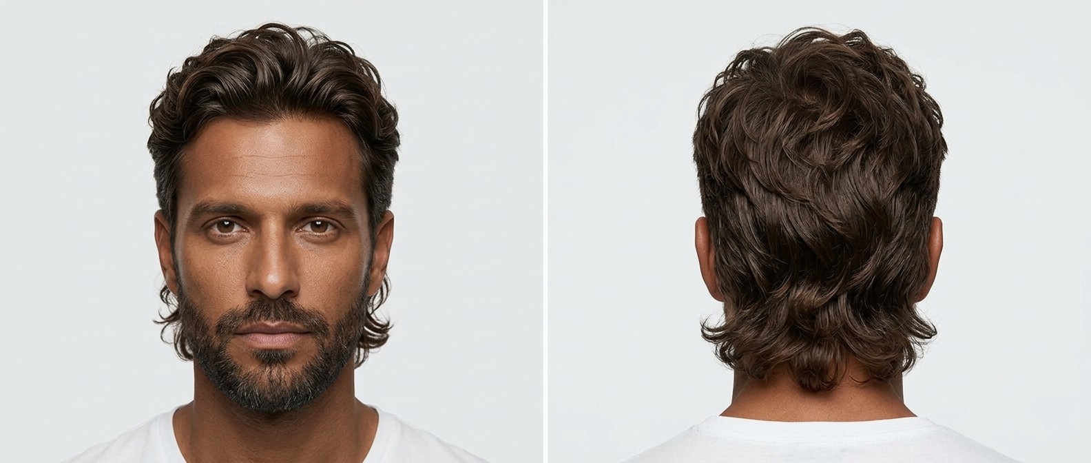 Widok z przodu i z tyłu na mężczyznę o ciemnej karnacji z brodą, prezentującego nowoczesny falowany mullet w brązowym odcieniu z zaczesaną górą i cieniowanym karkiem.