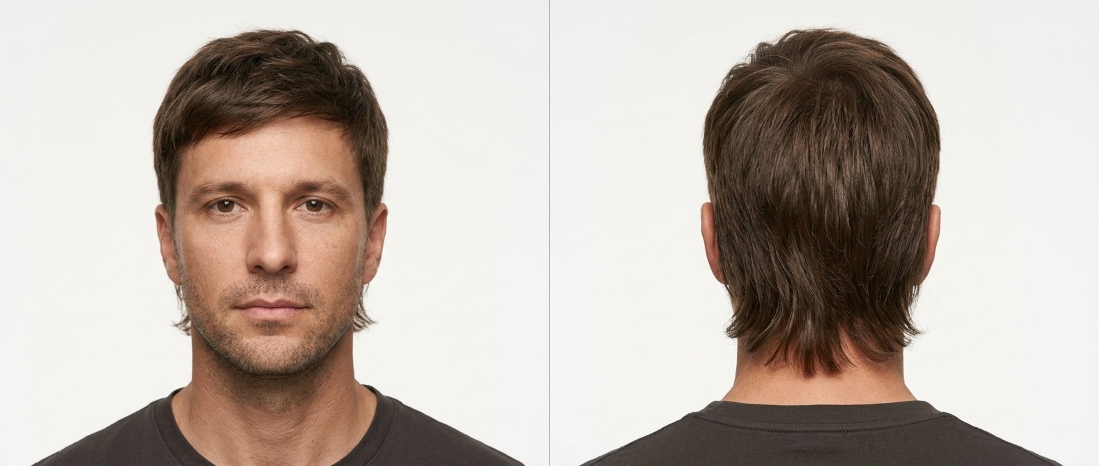 Widok z przodu i z tyłu na mężczyznę z nowoczesnym krótkim mulletem, teksturowaną grzywką i cieniowanymi bokami.