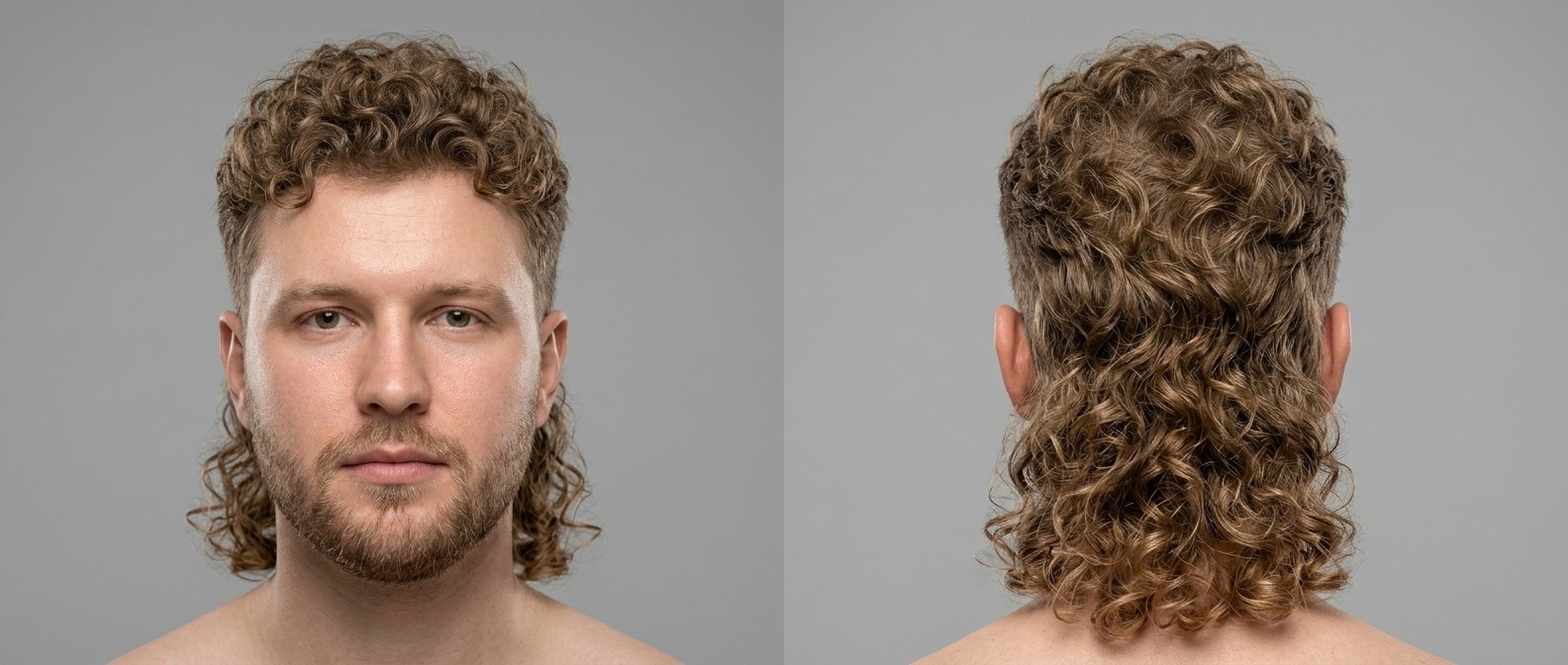 Vue de face et de dos d'un homme avec un mulet bouclé moderne, côtés dégradés et frange texturée.