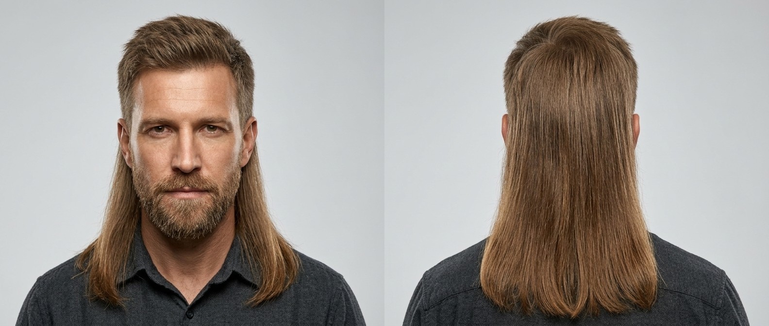 Front and back view of a mature man with a full beard wearing an extreme straight mullet with short textured top and very long hair in the back.