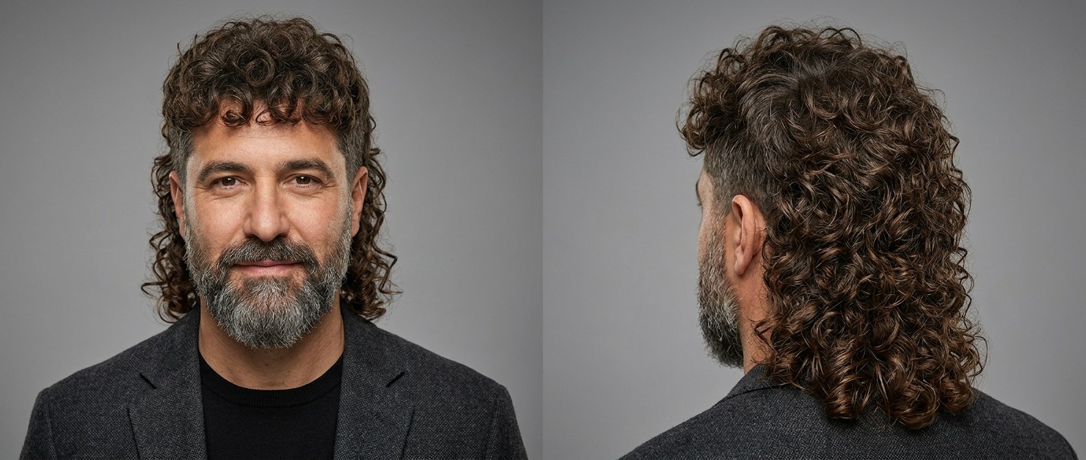 Dojrzały mężczyzna z brodą prezentujący fryzurę curly mullet z krótkimi bokami i długimi, gęstymi lokami z tyłu.