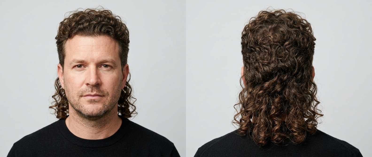 Reifer Mann mit dichtem, braunem Typ-3-Lockenhaar im modernen Mullet-Schnitt mit kurzen Seiten.