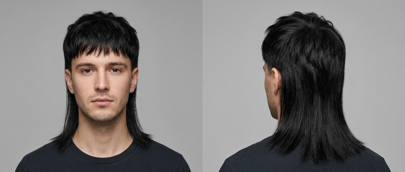 Joven con cabello negro grueso modelando un mullet moderno con flequillo texturizado, laterales cortos y nuca larga y recta.