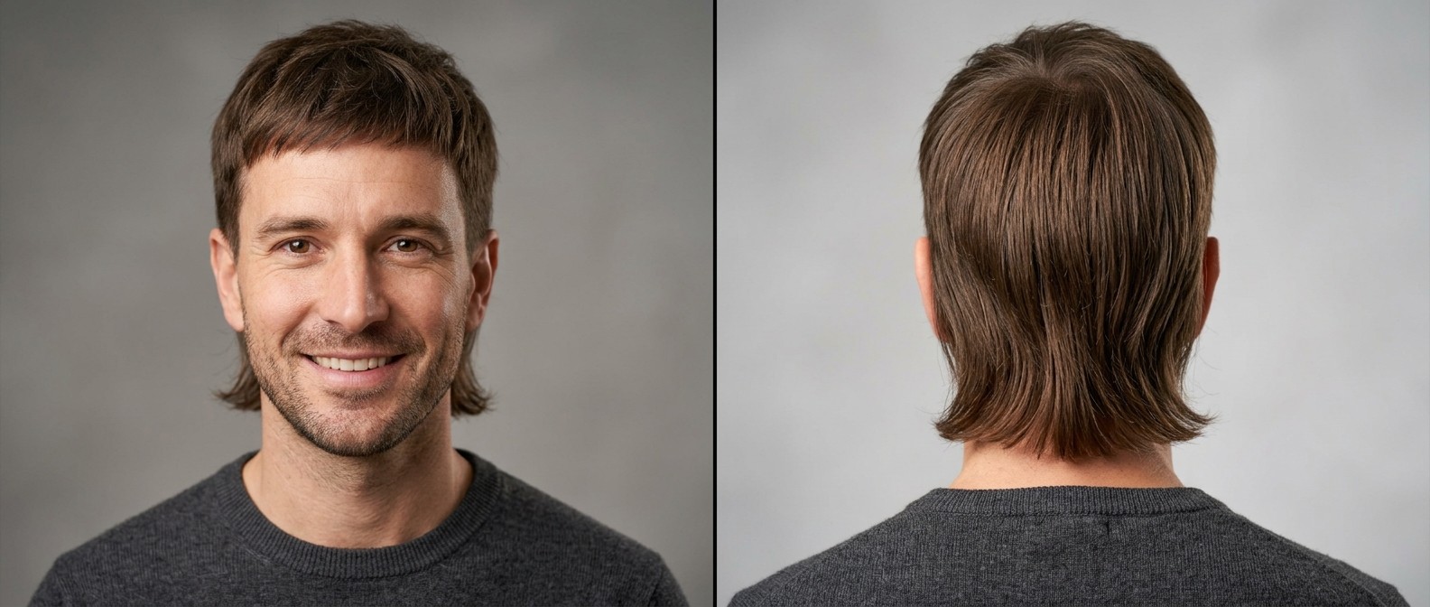 Front and back view of a 35-45 year old man with a modern short mullet, featuring a choppy textured fringe and straight flowing brown hair at the nape.