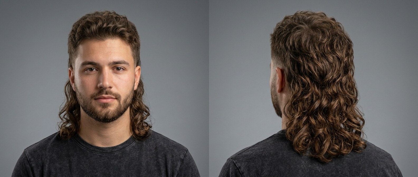 Front and back view of a young man with a modern wavy mullet, featuring short tapered sides, a textured top, and long flowing brown waves.