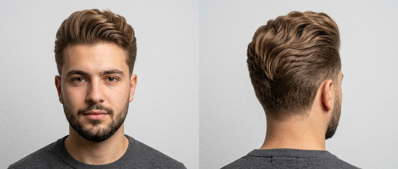 Homem caucasiano de pele oliva modelando um pompadour ondulado moderno com laterais em degradê, volume frontal e barba curta bem cuidada.