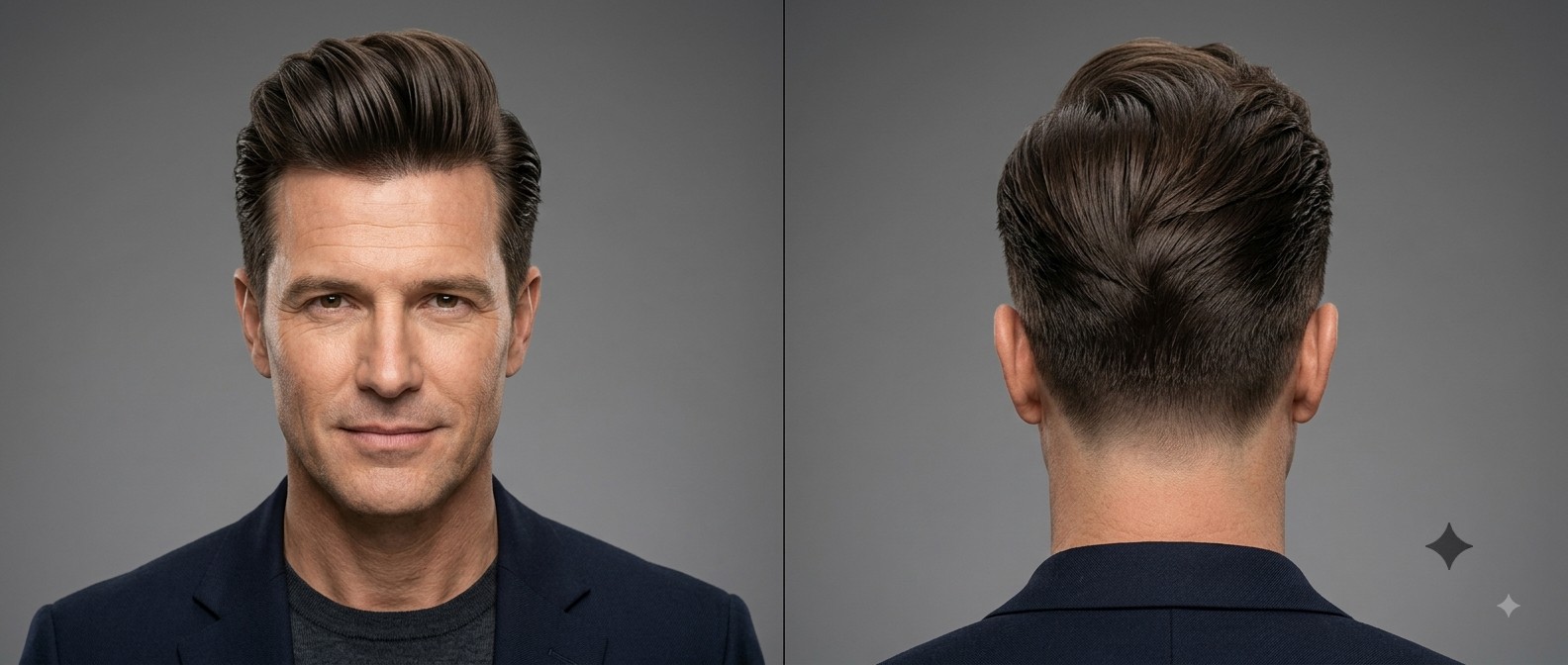 Vista frontal e posterior de um homem maduro com cabelo castanho escuro em um pompadour clássico volumoso com laterais degradê.