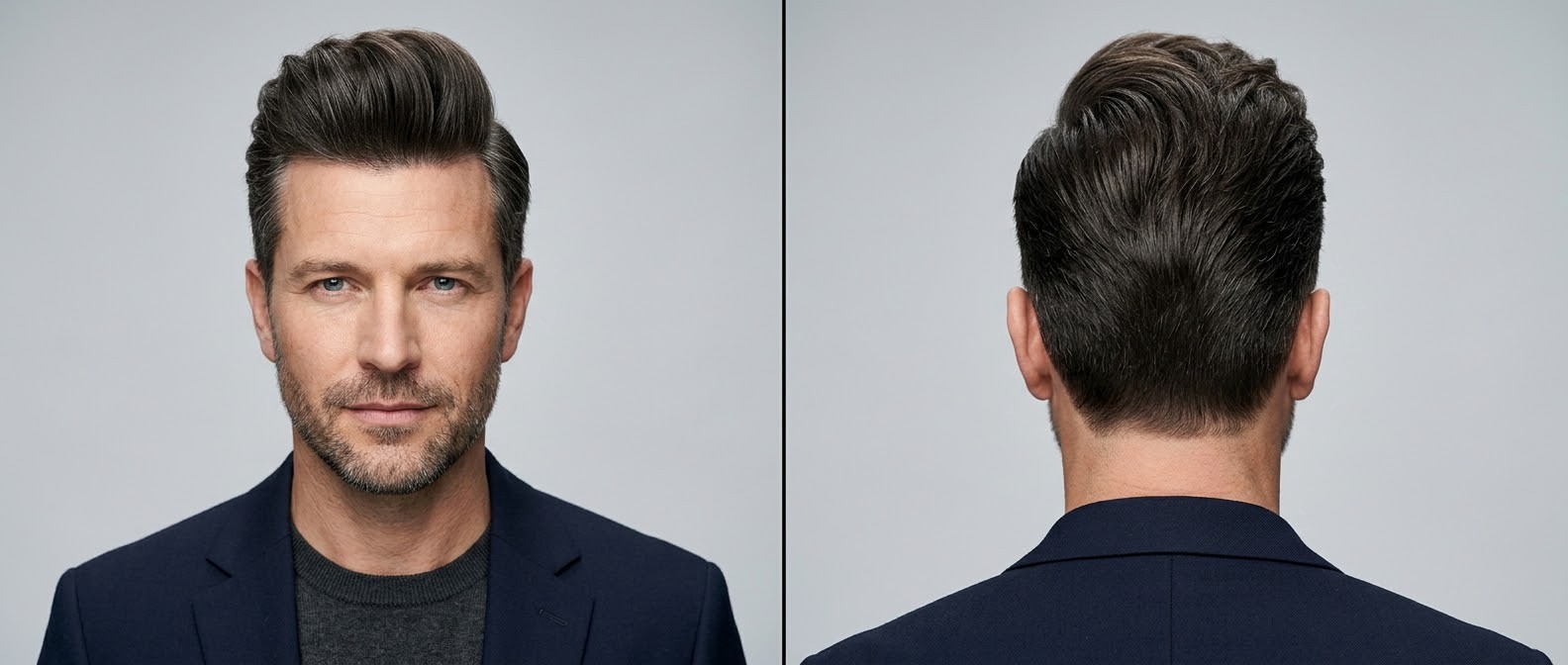 Homme mature avec barbe de trois jours portant un pompadour classique volumineux et balayé vers l'arrière, cheveux bruns épais.