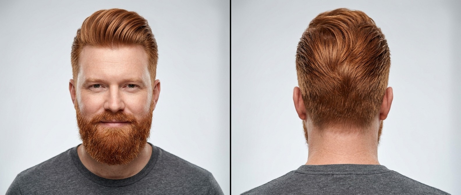Widok z przodu i z tyłu na mężczyznę z rudymi włosami w teksturowanym pompadourze, krótko wycieniowanymi bokami i zadbaną brodą.