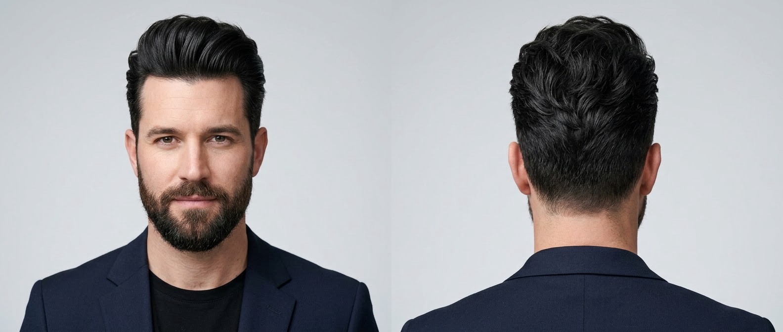 Vorder- und Rückansicht eines 40-jährigen Mannes mit texturierter welliger Pompadour, kurzen Seiten und gepflegtem Bart.