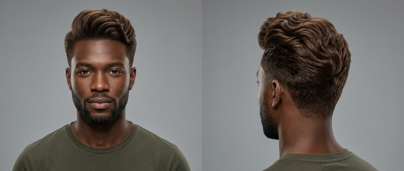 Mężczyzna o ciemnej karnacji z krótką brodą prezentuje obszerny, falowany pompadour w odcieniu brązu z cieniowanymi bokami i ostrą linią włosów.