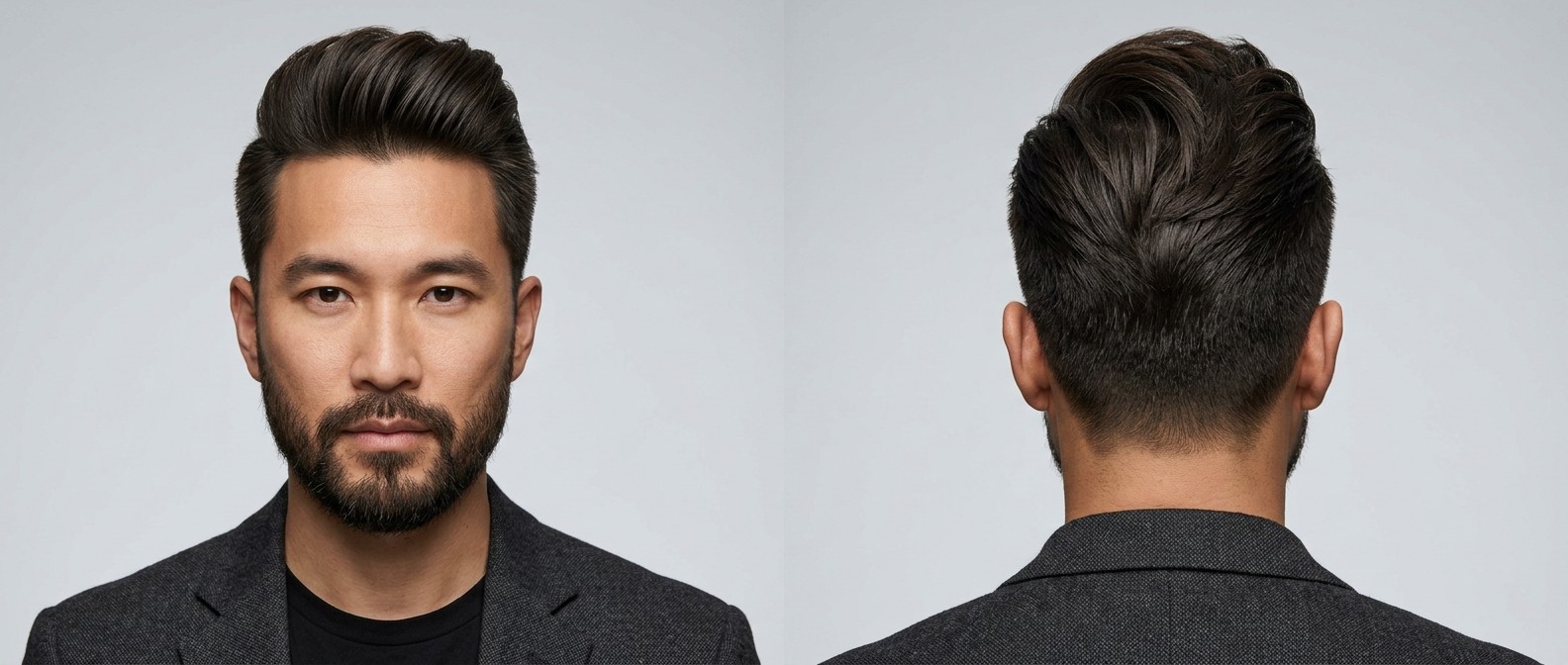 Mężczyzna w wieku 35-45 lat z brodą, prezentujący teksturowany pompadour z zaczesem do tyłu.