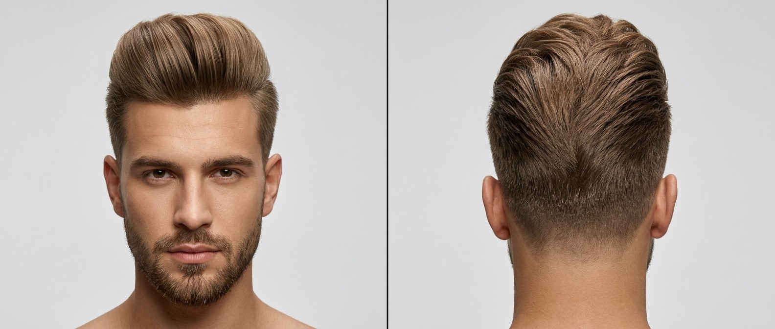 Widok z przodu i z tyłu na nowoczesny pompadour z dużą objętością, wycieniowanymi bokami i tyłem w kształcie litery V.