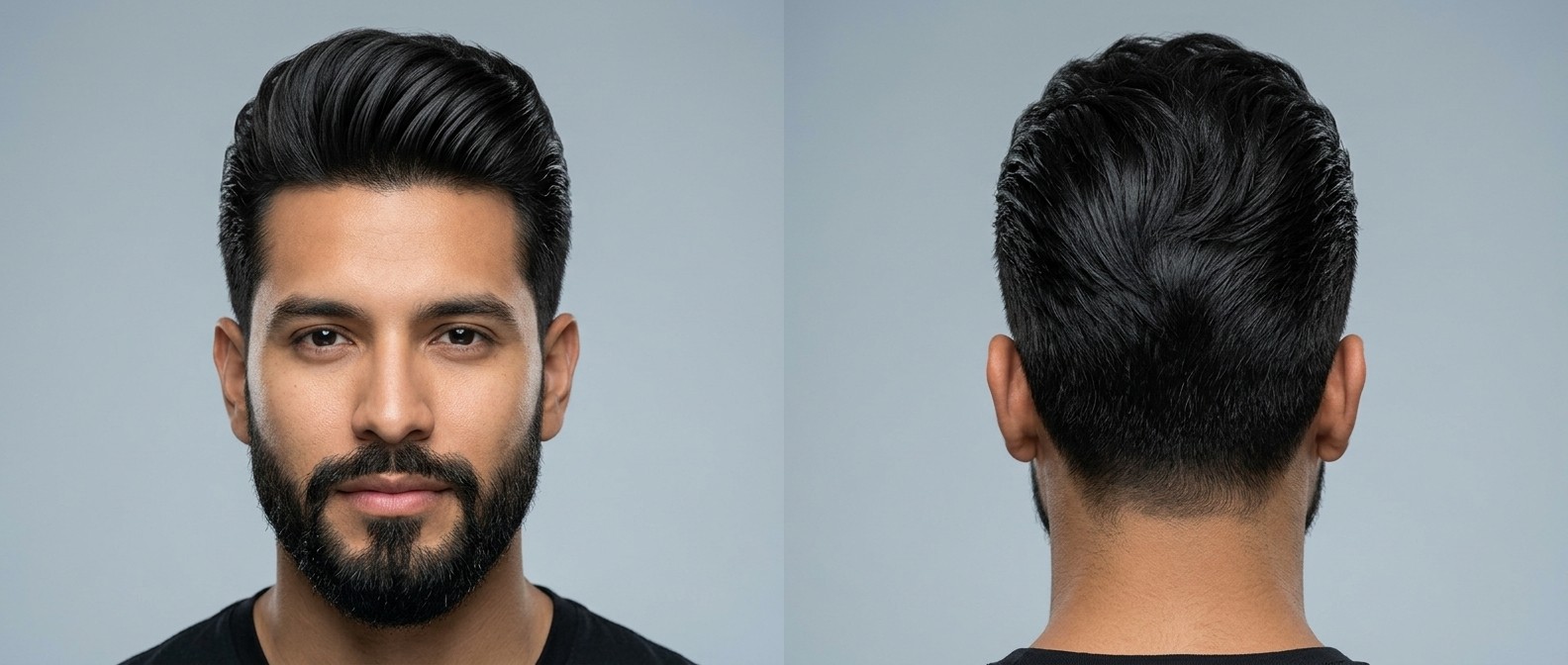 Vue de face et de dos d'un homme latino avec un pompadour texturé à haut volume, côtés dégradés et barbe soignée sur fond gris.