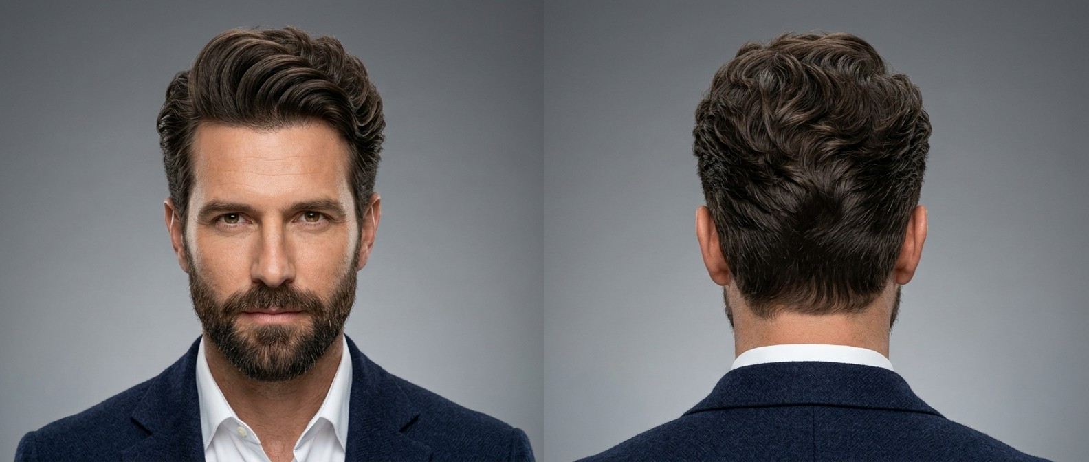 Reifer Mann mit dichtem Bart und voluminösem Wavy Pompadour, eng getaperten Seiten und texturiertem, nach hinten gestyltem Haar.