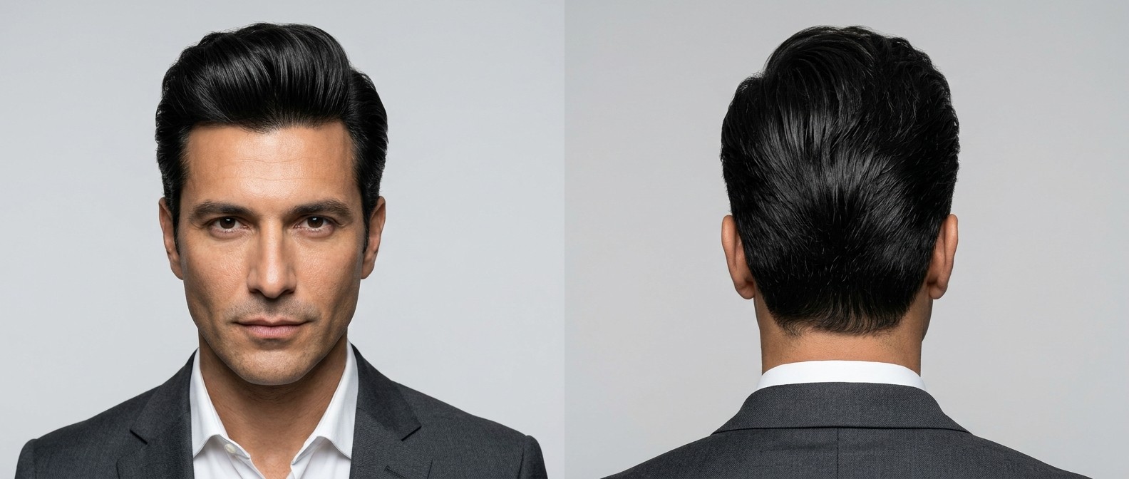 Vue de face et de dos d'un homme mature avec un pompadour noir classique, volume élevé et côtés dégradés aux ciseaux.
