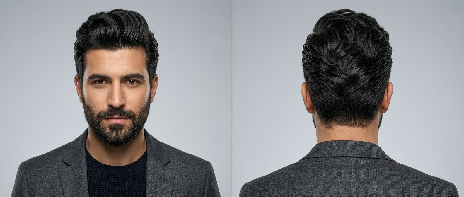 Vue de face et de dos d'un homme à la peau mate avec une barbe, portant un pompadour texturé ondulé avec des côtés courts et un dessus volumineux balayé vers l'arrière.