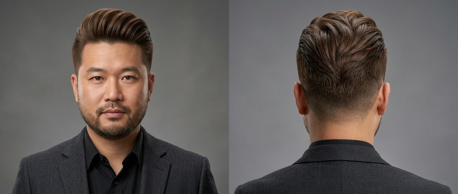 Asian man aged 35-45 with a short beard modeling a modern swept-back textured pompadour with tapered sides and high volume.