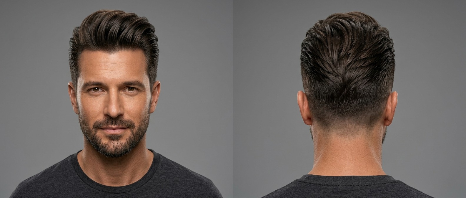 Front and back view of a 45+ Caucasian man with a modern textured pompadour, short taper fade sides, and a short beard on a grey background.