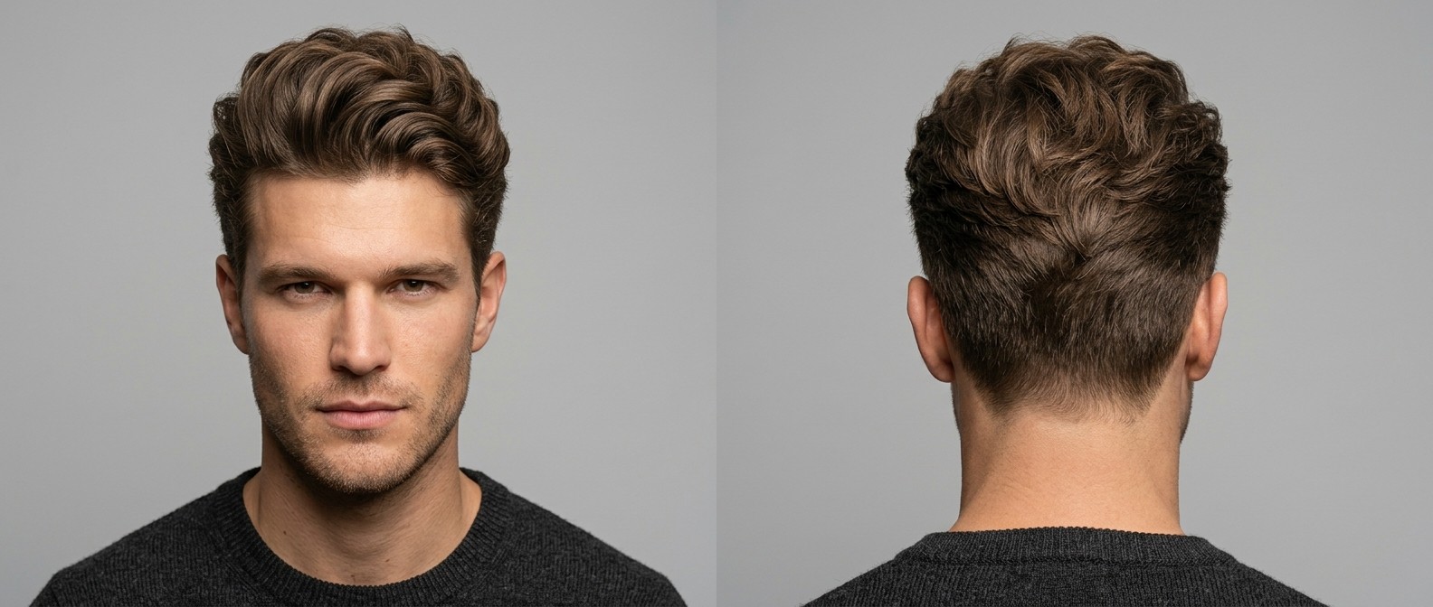 Widok z przodu i z tyłu młodego mężczyzny z nowoczesnym, teksturowanym wavy pompadourem i cieniowanymi bokami.