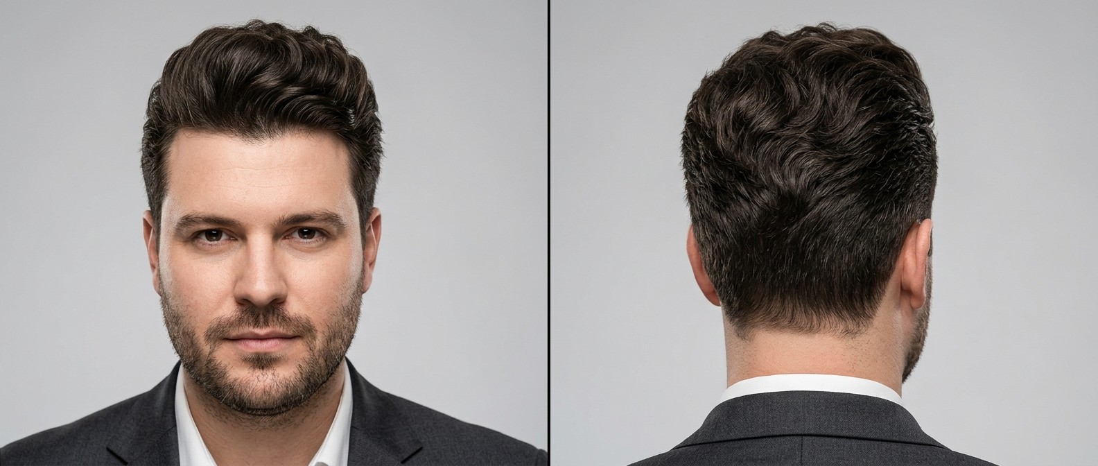 Vorder- und Rückansicht eines 35-45-jährigen Mannes mit modernem, texturiertem, welligem Pompadour, kurzen Taper-Seiten und voluminösem Oberkopf.