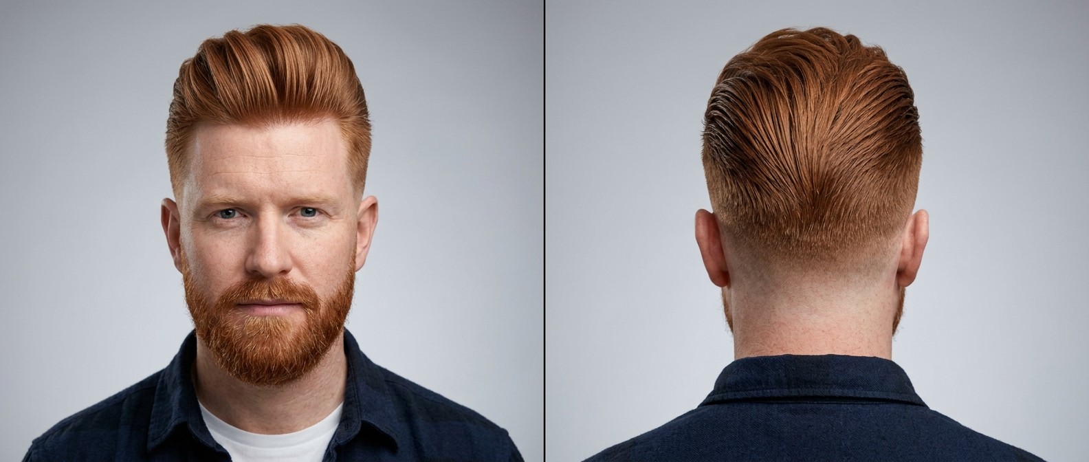 Front and back view of a 40-year-old Caucasian man with thick red hair sporting a high-volume textured pompadour, skin fade, and groomed beard.