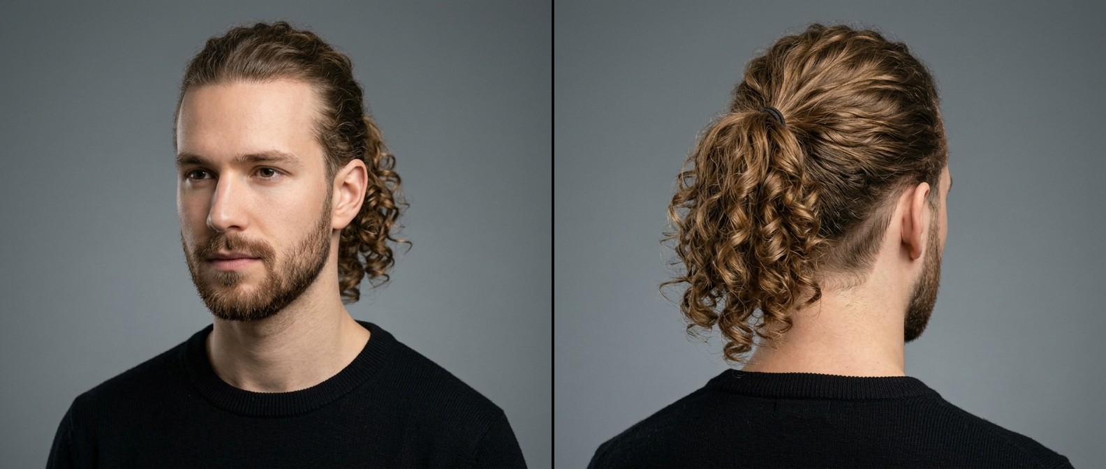 Young Caucasian man with a neat short beard wearing his long, light brown, curly Type 3 hair in a secured mid-level ponytail.