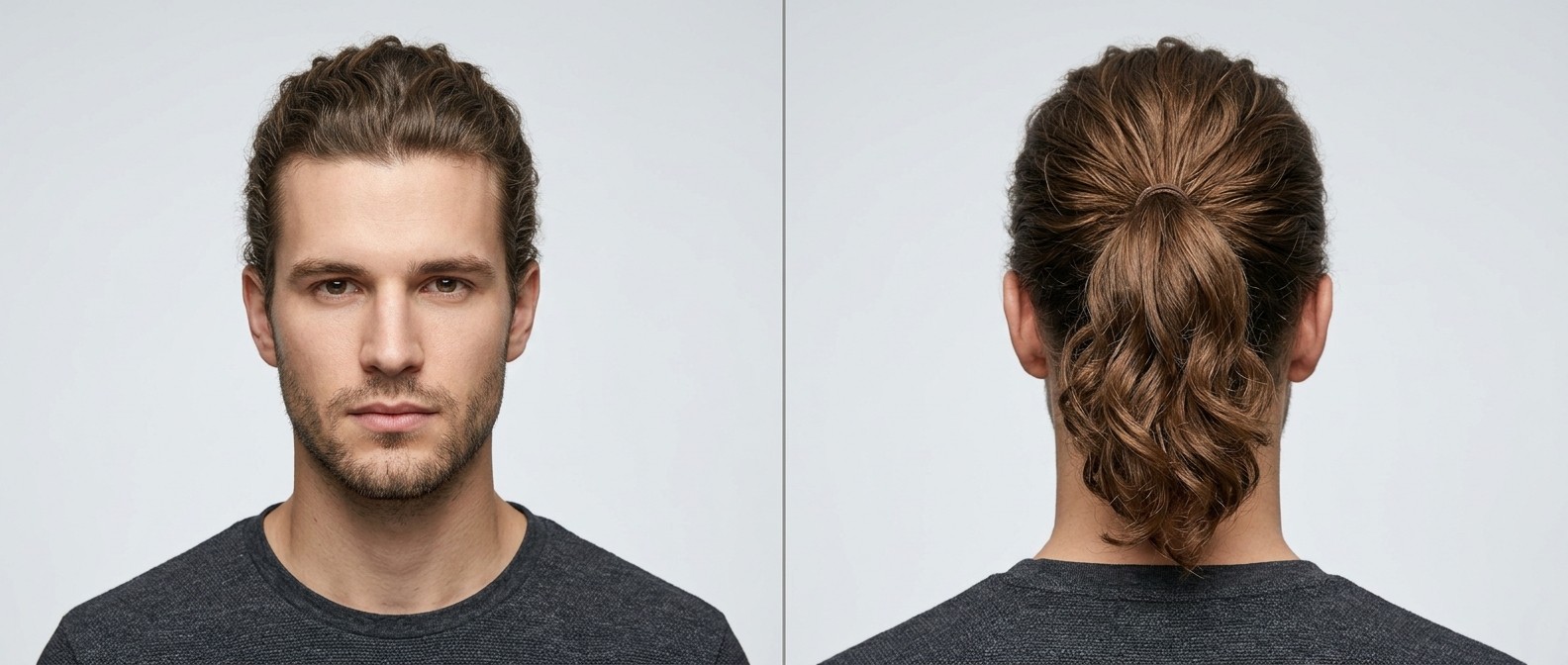 Front and back view of a young man with a light stubble beard and brown, wavy hair styled into a mid-level ponytail.