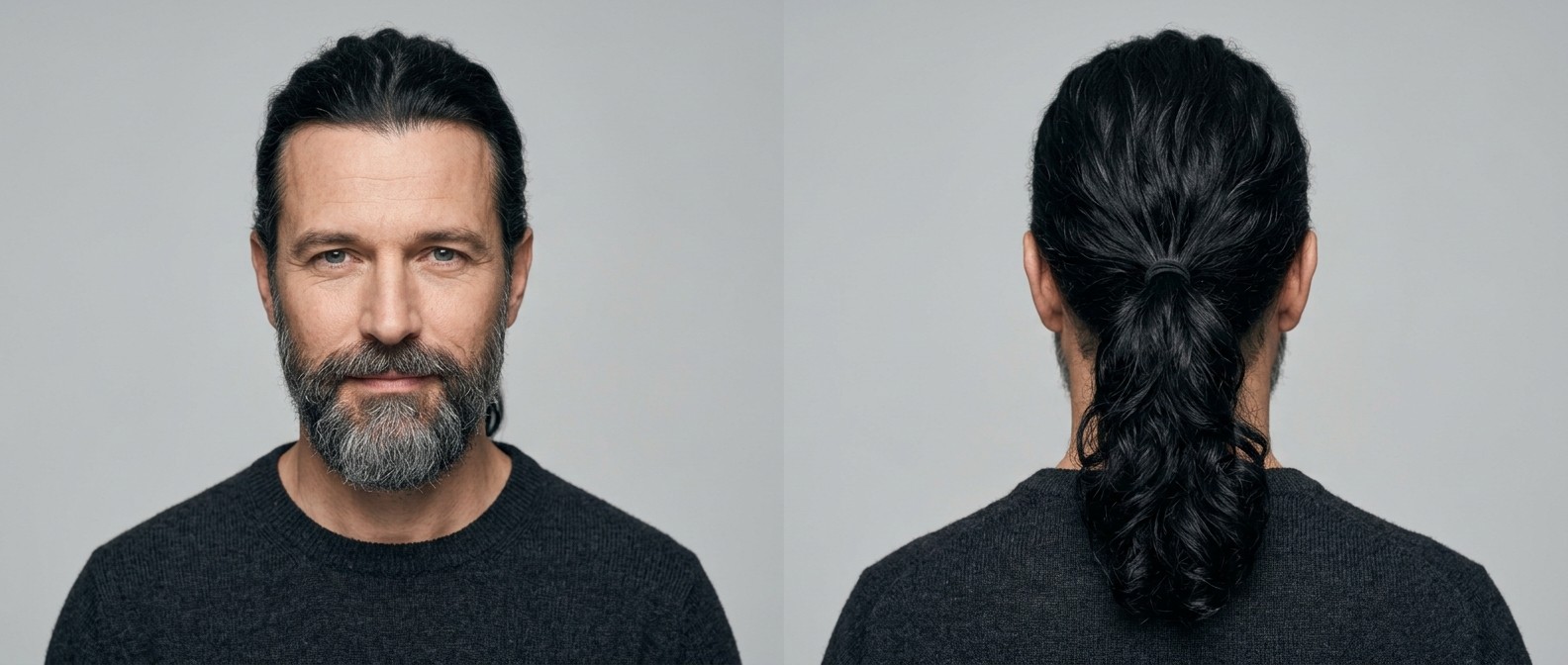 Middle-aged Caucasian man with a salt-and-pepper beard wearing a wavy, thick black ponytail, showcasing a natural widow's peak and casual styling.