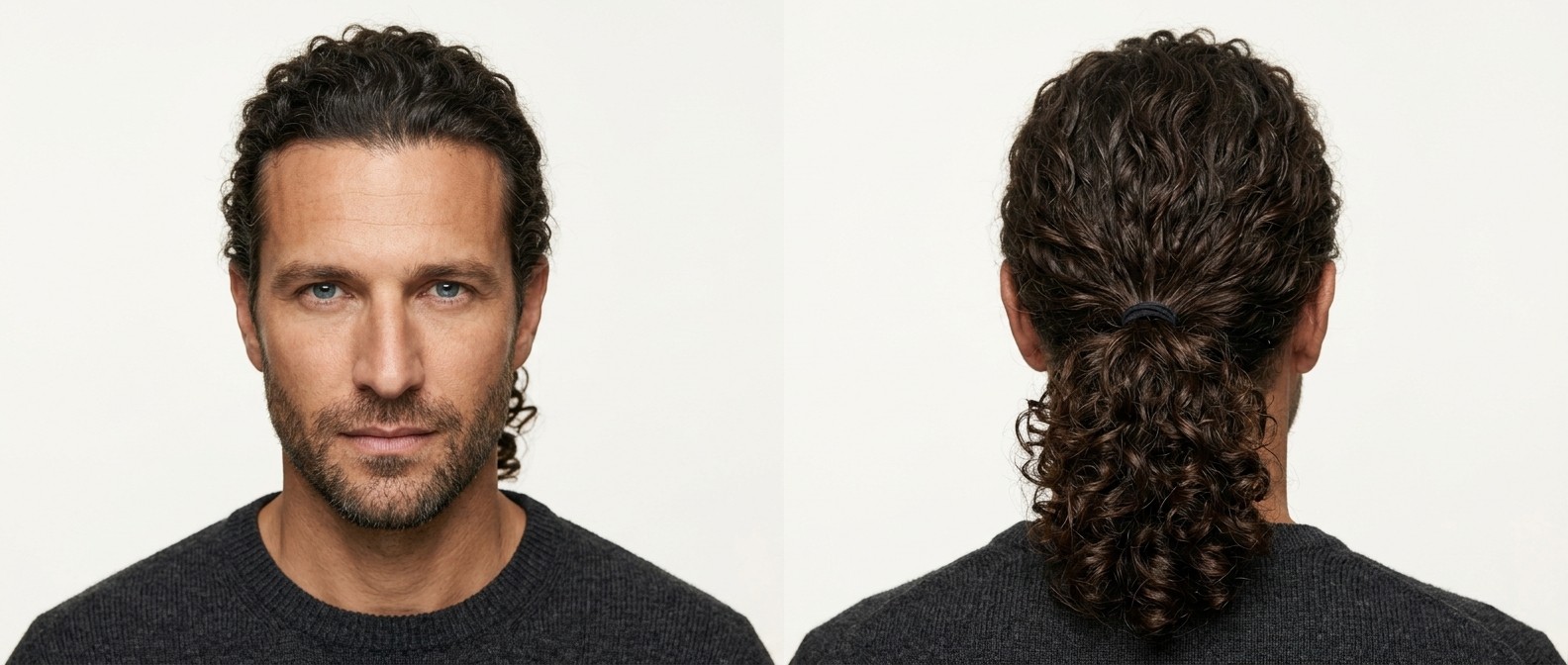 Dojrzały mężczyzna o oliwkowej cerze i krótkiej brodzie w kucyku z kręconych włosów. Gęste, brązowe loki typu 3 mocno związane z tyłu.