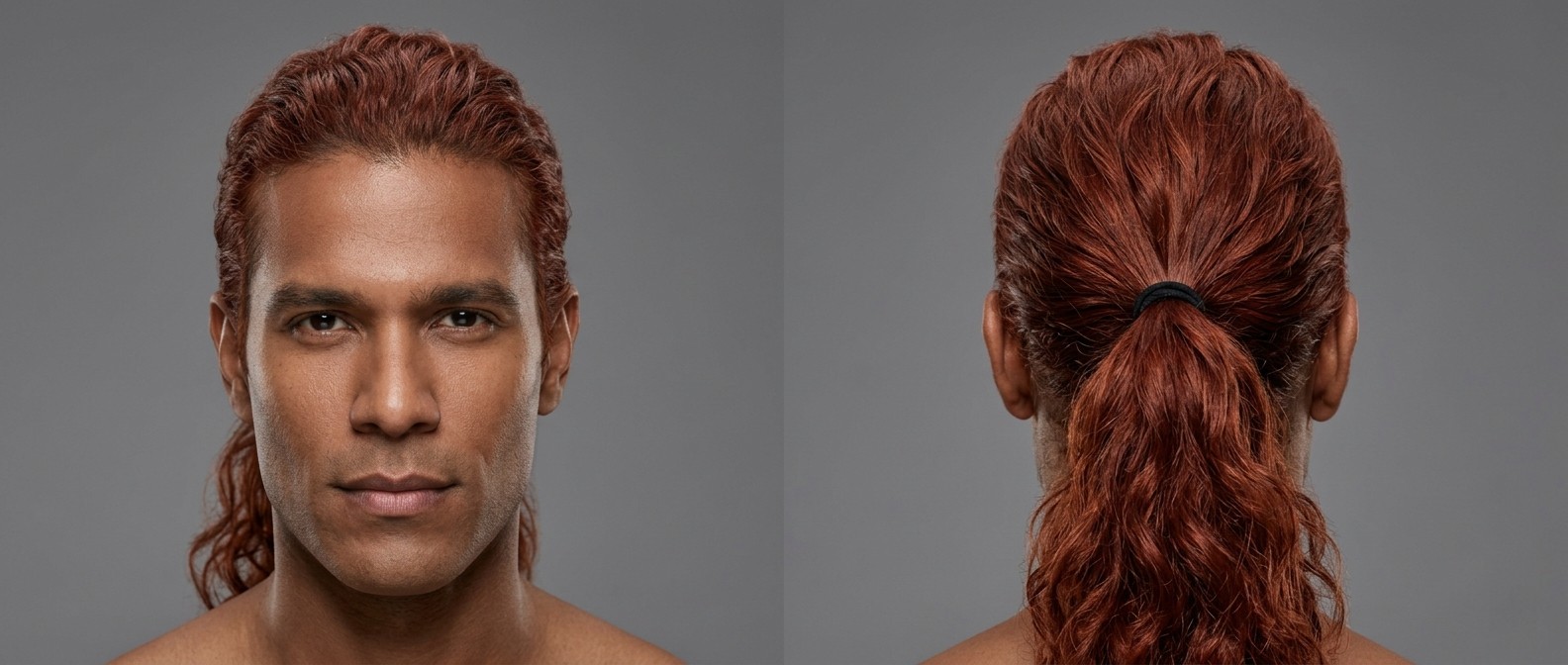 Widok z przodu i z tyłu na 40-letniego mężczyznę z zakolami, noszącego niski kucyk z falowanych, miedziano-rudych włosów.