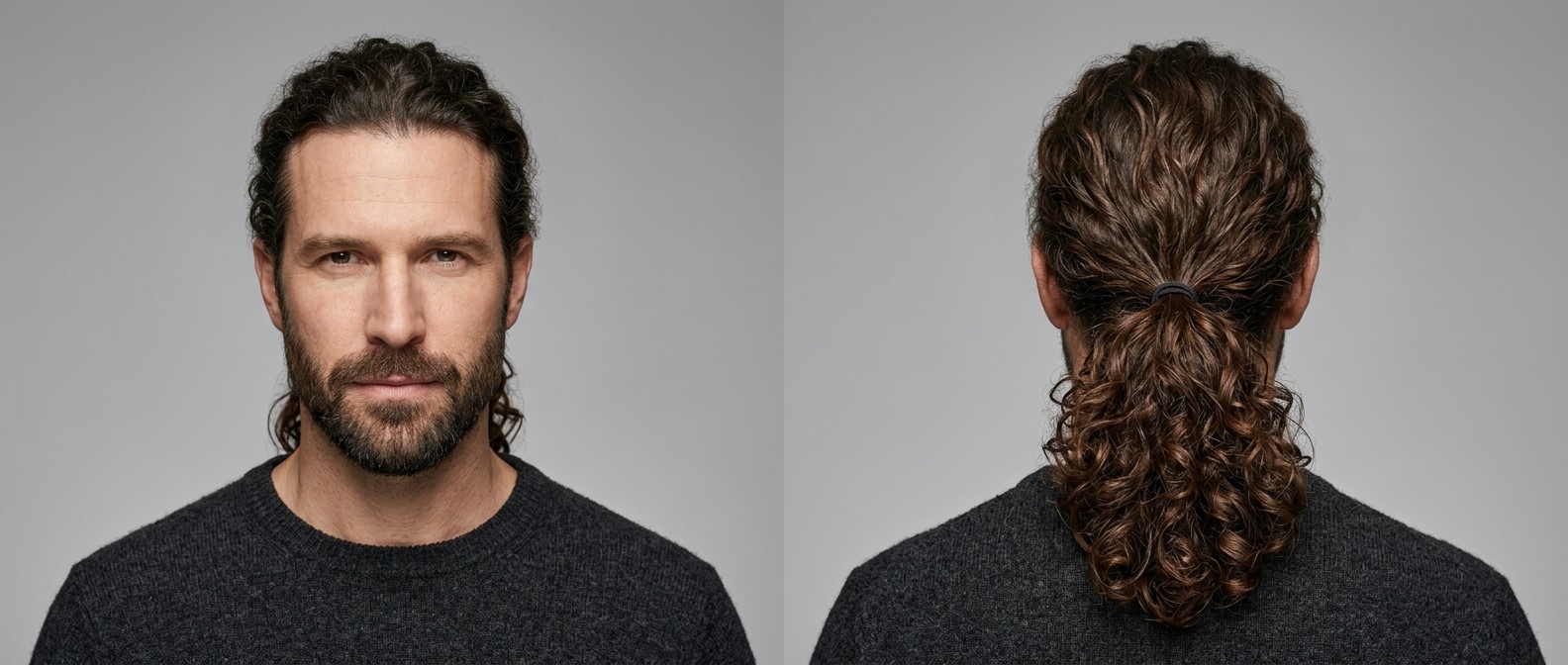 Dojrzały mężczyzna z krótką brodą i męskim kucykiem z kręconych włosów typu 3.