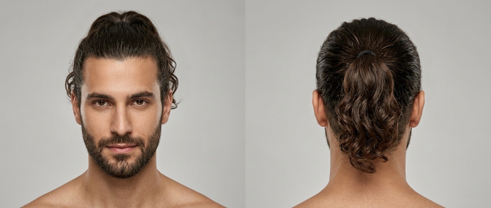 Mężczyzna z oliwkową cerą i krótką brodą w męskim kucyku z falowanych włosów, widok z przodu i z tyłu.