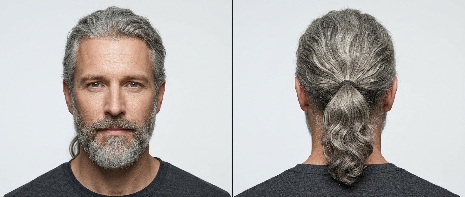 Vorder- und Rückansicht eines 40-jährigen Mannes mit dickem, welligem silbernem Pferdeschwanz, Volumen am Oberkopf und gepflegtem grauen Vollbart.