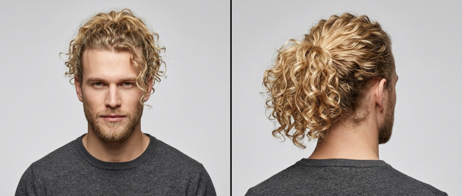 Jeune homme blond avec une barbe courte portant une queue de cheval bouclée décontractée, mettant en valeur des boucles de type 3 et des mèches encadrantes.